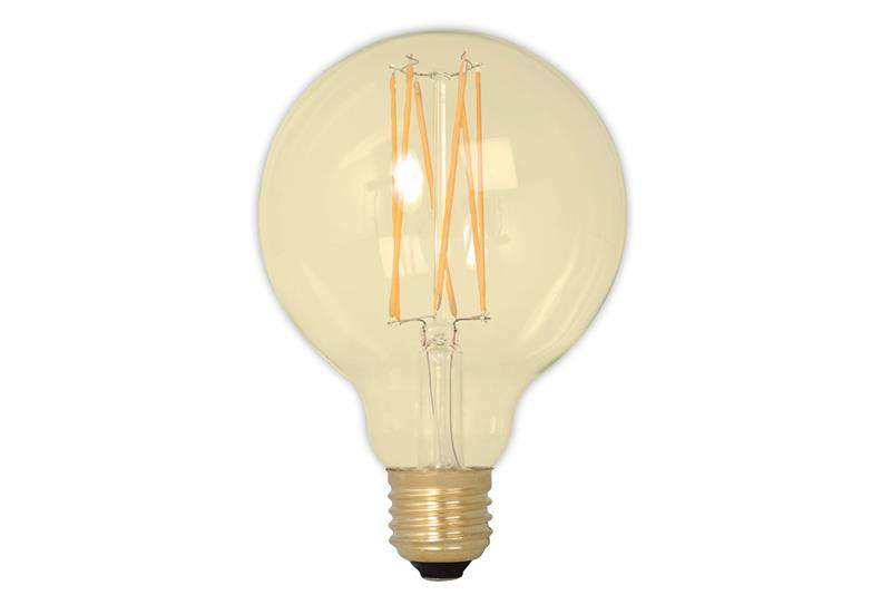 foto van product LED volglas filament globelamp dimbaar E27 240V Goud Calex